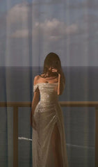 Off Shoulder White Sequin Side Slit Long Evening Prom Dresses,Sequin Wedding Dresses S5967