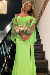 Off the Shoulder Lemon Green Ruched Mermaid Long Formal Dress S6517