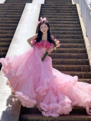 Cute Tulle Pink Long Prom Dress, A-Line Evening Party Dress S6367