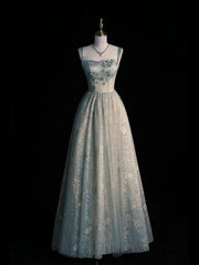 Elegant A Line Square Satin Applique Tulle Long Prom Dress, Evening Dress S6510