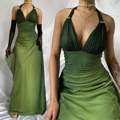 Green V Neck Halter Shiny Vintage Long Prom Dress S6131