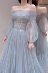Blue Tulle Long Prom Dress, Beautiful Long Sleeve Tulle Evening Dress S6283