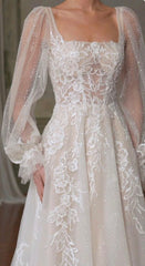 Square Neck long sleeves glitter floral applique Bridal Gown S6431
