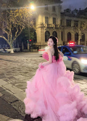 Cute Tulle Pink Long Prom Dress, A-Line Evening Party Dress S6367