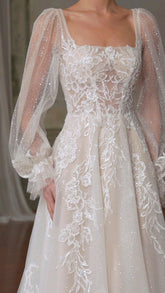 Square Neck long sleeves glitter floral applique Bridal Gown S6431