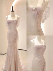 Vintage Mermaid Straps Pink Tulle Long Prom Dress S6569