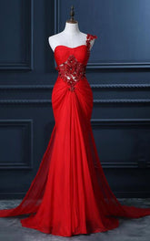 Trumpet Mermaid One Shoulder Chiffon Appliques Lace Beading Red Long Prom Dress S6333