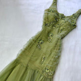 Green Straps Long Formal Party Dress Tulle Long Prom Dress S5919