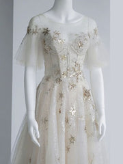 Light Tulle Sequin Tea Length Prom Dress, Tulle Formal Dress S6335