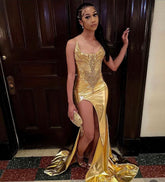 Sexy Gold Mermaid Prom Dress Elegant Shiny Diamond Applique High Split Black Girls Birthday Party Formal Dresses S6228