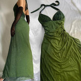 Green V Neck Halter Shiny Vintage Long Prom Dress S6131