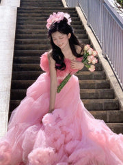 Cute Tulle Pink Long Prom Dress, A-Line Evening Party Dress S6367