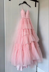 Gorgeous V Neck Layered Pink Tulle Long Prom Dresses with High Slit, Long Pink Tulle Formal Evening Dresses S6484