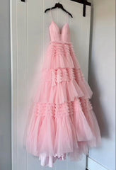 Gorgeous V Neck Layered Pink Tulle Long Prom Dresses with High Slit, Long Pink Tulle Formal Evening Dresses S6484