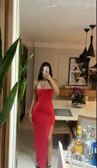 Elegant Red Mermaid Long Prom Dresses With Slit S6190