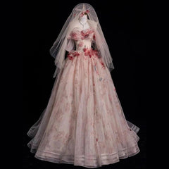 Pink Appliques Prom Dresses Ball Gown Off-The-Shoulder Floor-Length Long Prom Formal Dresses S6383