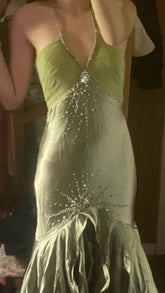 Green Halter Backless Beading Long Prom Dresses S6073