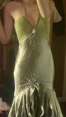 Green Halter Backless Beading Long Prom Dresses S6073
