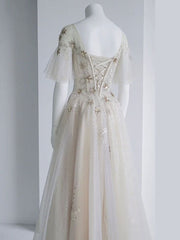 Light Tulle Sequin Tea Length Prom Dress, Tulle Formal Dress S6335