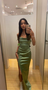 Simple Mermaid Straps Sage Green Slit Long Prom Dress S6184