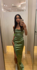 Simple Mermaid Straps Sage Green Slit Long Prom Dress S6184