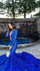 Royal Blue Mermaid Long Prom Dresses with Sleeves,Formal Dress with Sequins S6457
