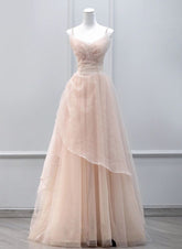 Tulle Beaded Straps Long Prom Dress, A-line Tulle Party Dress S6353