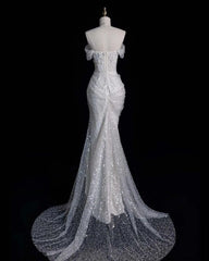 Elegant Mermaid Off The Shoulder Sequin Long White Wedding Dresses S6566