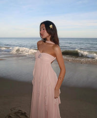 Sexy Pink Chiffon Long Prom Dress Birthday Outfits With Ruffles S6167