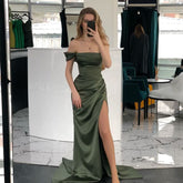 Off The Shoulder Green Sheath Long Prom Dresses With Slit S6185