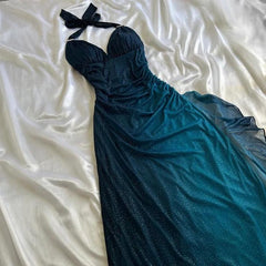 Teal V Neck Halter Shiny Vintage Long Prom Dress S6476