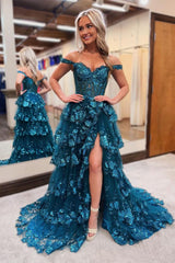 Gorgeous Sparkly Sweetheart Peacock Blue Ruffle Long Prom Dress with Appliques S6463