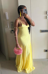 Spaghetti Straps Yellow Long Prom Dress Long Evening Gown S6020