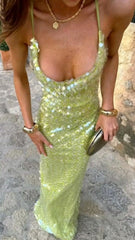 Spaghetti Straps Green Sequin Long Prom Dress Backless Evening Party Dress S5884