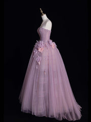 Tulle Prom Dress with Flowers Purple Long Prom Dresses Birthday Outfits S6547