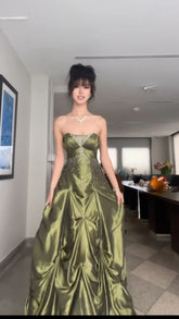 Pretty Ball Gown Strapless Green Satin Long Prom Dresses With Silver Beads S5624