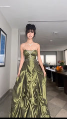 Pretty Ball Gown Strapless Green Satin Long Prom Dresses With Silver Beads S5624