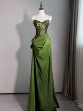 Green Strapless A Line Satin Long Prom Dress Retro Evening Gown S5623