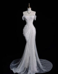 Elegant Mermaid Off The Shoulder Sequin Long White Wedding Dresses S6566