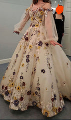 New Wedding Dresses Long Sleeve Off Shoulder Fantasy Flowers Bridal Gowns S6500