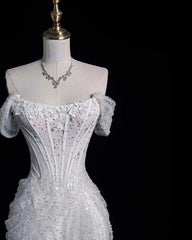 Elegant Mermaid Off The Shoulder Sequin Long White Wedding Dresses S6566
