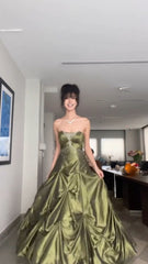 Pretty Ball Gown Strapless Green Satin Long Prom Dresses With Silver Beads S5624