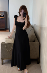 Square-neck gentle strap dress temperament drape waist slim fit senior long skirt R1442