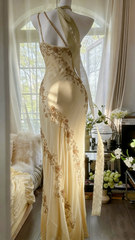 Light yellow halter-neck fitted bodycon long ball gown R6533