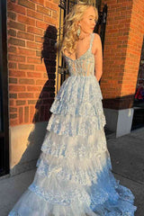 Light Blue Corset Lace Tiered Tulle Long Formal Dress S2496