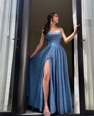 Sweetheart Neck Blue Long Prom Dress with High Slit, Long Blue Formal Graduation Evening Dress S6726