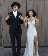 Glitter Sequined Simple Long Prom Dress with Slit S6674