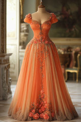 Vintage A Line Sweetheart Tulle Applique Long Prom Dress, Evening Dress S6623