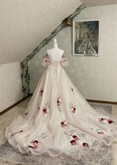 Vintage 3D Florals Wedding Dresses Half Sleeves Light Pink Lace Bridal Gowns S6641