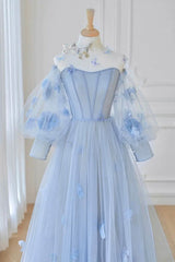 Tulle Flowers Long Prom Dress, Lovely A-Line Puff Sleeve Evening Dress S6663